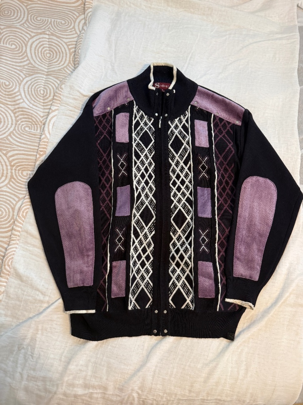 Silversick Retro full zip geometric patchwork coogi sweater XL